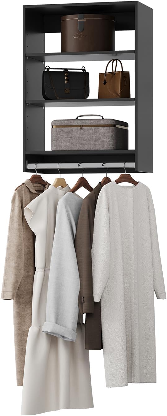 Medium Double Hanging Closet Unit, Modular Closet System, Wood Closet System Organizer with Storage for Walk In Closets, Clothing Rack Closet for Hanging Clothes, Bedroom, Black, 22.5"W