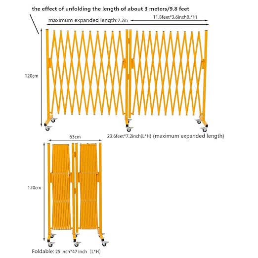GYMTIME Expandable Metal Barricade Gate, Portable Safety Barrier with Casters, Folding Security Gate, Mobile Retractable Fence, 0-180 Degree Rotating, 23.6 Feet, Yellow