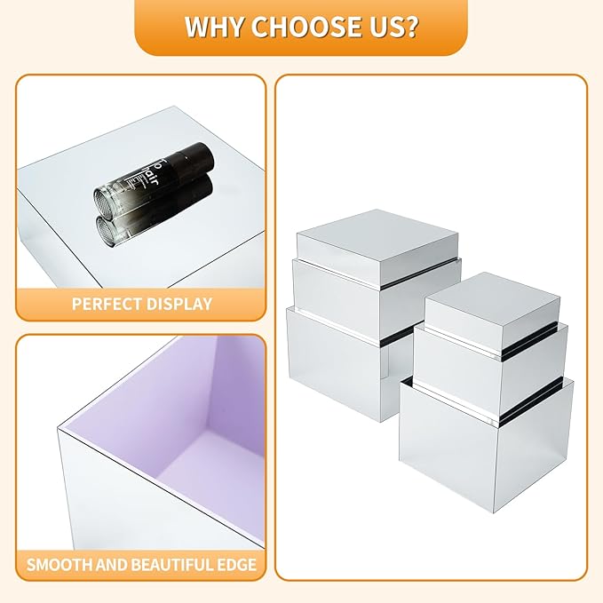Display Riser Stands, 6pcs Silver Mirror Riser Stand, Acrylic Square Display Boxes, Tiered Food Display Buffet Riser, Purse Stand, Retail Product Showcase for Perfume Collection Jewelry Dessert Party