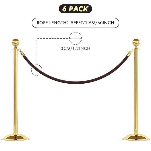 Woanger 6 Pack Velvet Stanchion Rope, 5 Feet Crowd Control Stanchion Ropes Safety Barrier with Gold Plated Hook for Carpet Events Movie Theaters Grand Openings Hotels Party(Black)