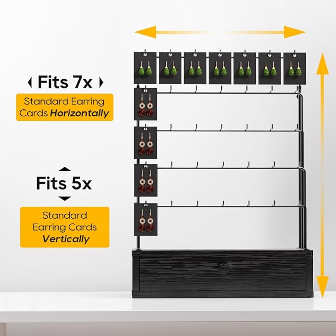 ORLESS 5-Tier Jewelry Display for Vendors, Earring Holder Organizer with Storage Drawer Box, Necklace Display Holder for Selling, Earring Cards Organizer for Bracelets, Rings, Black(35 Hooks)