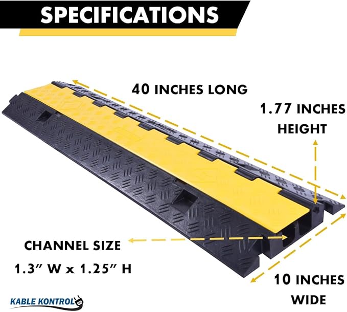 Kable Kontrol Atlas Heavy Duty Cable Protector Ramp - 2 Channel Bulk Wholesale Pallet - 40 Pcs - 40” Long Black & Yellow - 24,000 Lbs Capacity - Rubber Speed Bump Wire Protector Cord Cover - CP9987