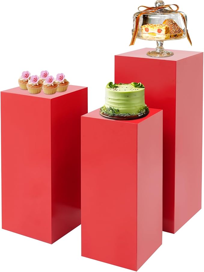 OUKANING 3 PCS Metal Display Pedestal Stands, Square Red Display Stands Pillars, Decoration Cube Sculpture Display Column for Wedding Party Baby Shower Birthday, H31.49'', 25.59'', 23.62''