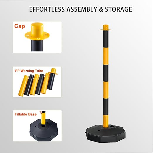 Adjustable Traffic Delineator Post Cones,6Pack 34 Inch,Traffic Safety Delineator Barrier with Fillable Base 6.6FT Chain, for Traffic Control Warning Parking Lot Construction Caution Roads,Yellow&Black
