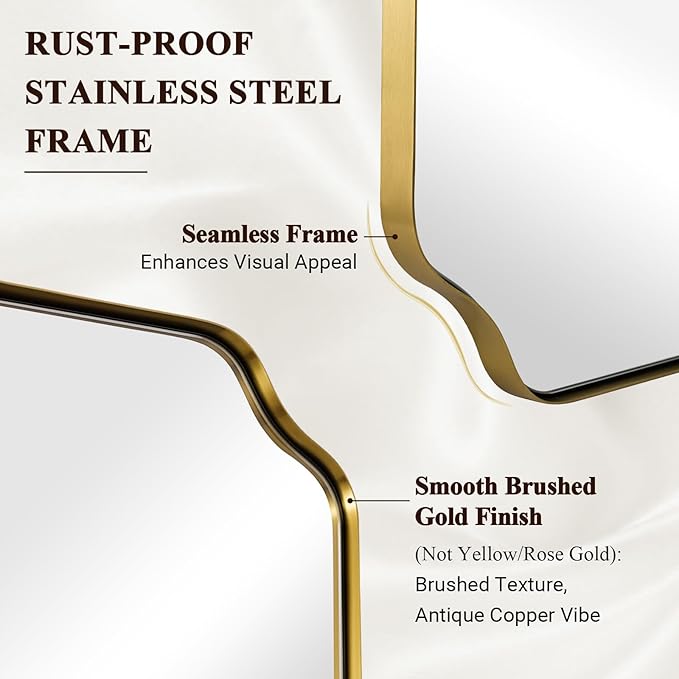 ANDY STAR 30"x40" Gold Bathroom Mirror, Large Scalloped Wall Mirror, Brushed Brass Mirror in Anti-Rust Stainless Steel Metal, Unique Rectangle Shape Decorative for Bathroom, Living Room, Entryway
