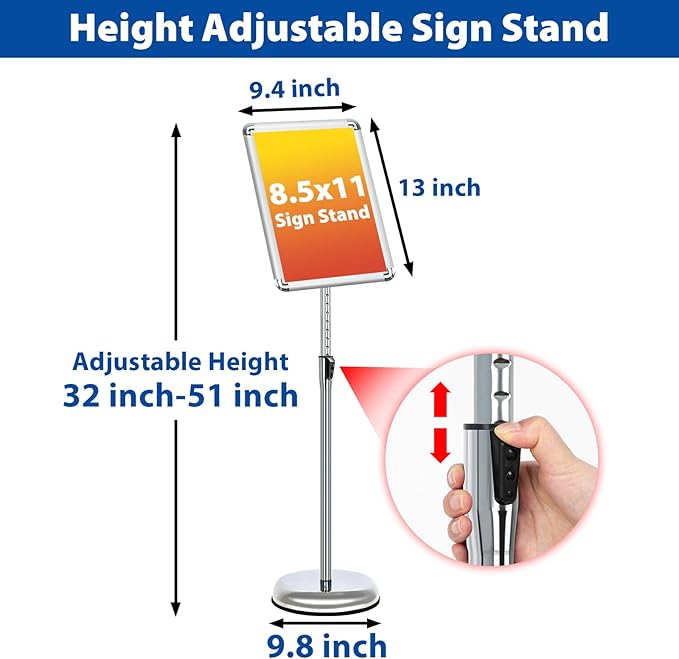 8.5x11 Adjustable Sign Holder Stand, Pedestal Poster Menu Stand, Heavy Duty Floor Standing Sign Stand Aluminum Display Stand for Vertical and Horizontal View Sign Holder, Black