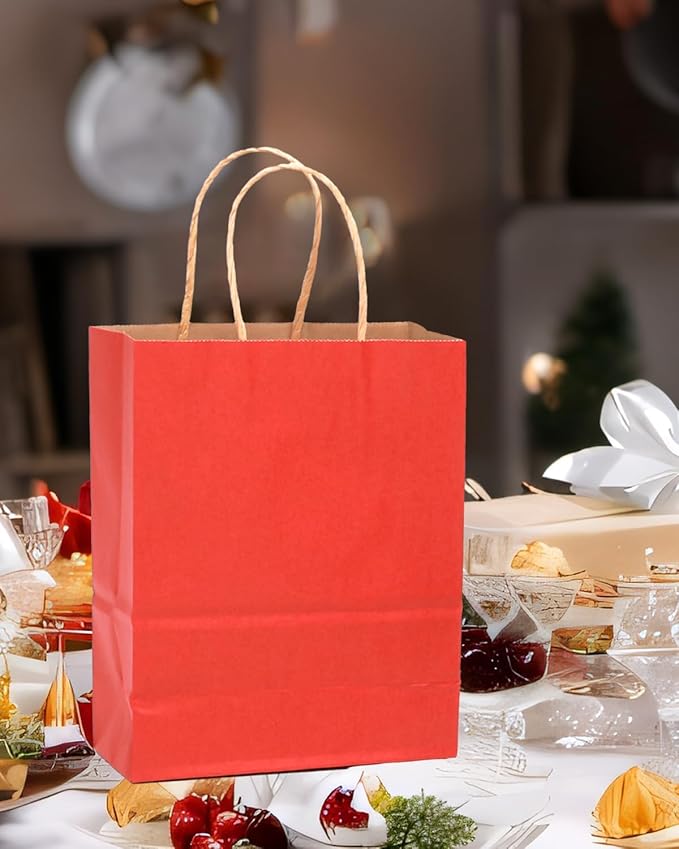 qiqee 100PCS Gift Bag with Handles Bulk Kraft Red Paper Bags Assorted Sizes(33pcs Large 13",33pcs Medium 11",34pcs Small 8")