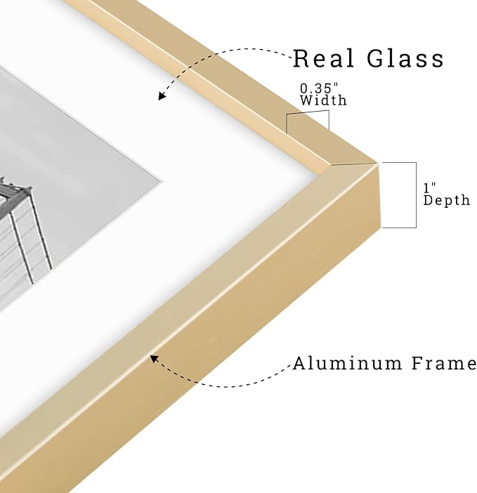 Frametory, 16x20 Metal Picture Frame with Mat for 11x14 Picture & Real Glass, Aluminum Photo Frame Collection (Gold, 2 Pack)