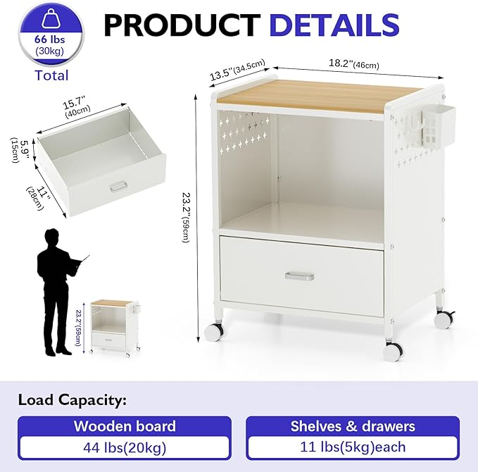 TOOLF 1-Drawer Mobile File Cabinet with Wheels, MDF Wooden Panel Printer Stand with Adjustable Shelves, 2 Storage Bins & 4 Hooks, Home Office Organization