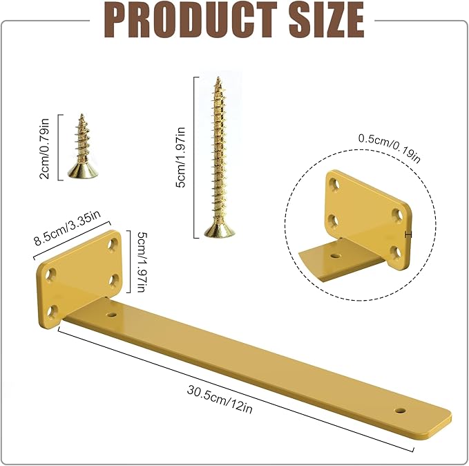 6 PCS Gold Steel Heavy Duty Brackets Without Lip, 12 Inch Supports DIY for Shelves Bracket with 5mm Thick, Industrial Modern Floating Shelf Support for Wall Mount Shelves