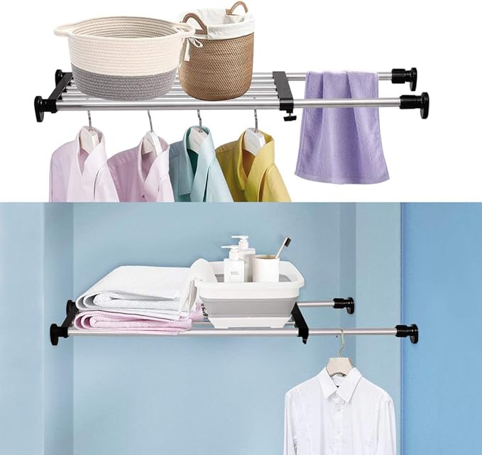 BAOYOUNI Expandable Shelf Closet Tension Rod Adjustable Shelving Unit Storage Rack Organizer Hanger Space Saving Divider for Wardrobe, Cupboard, Kitchen, Bathroom Use, Black