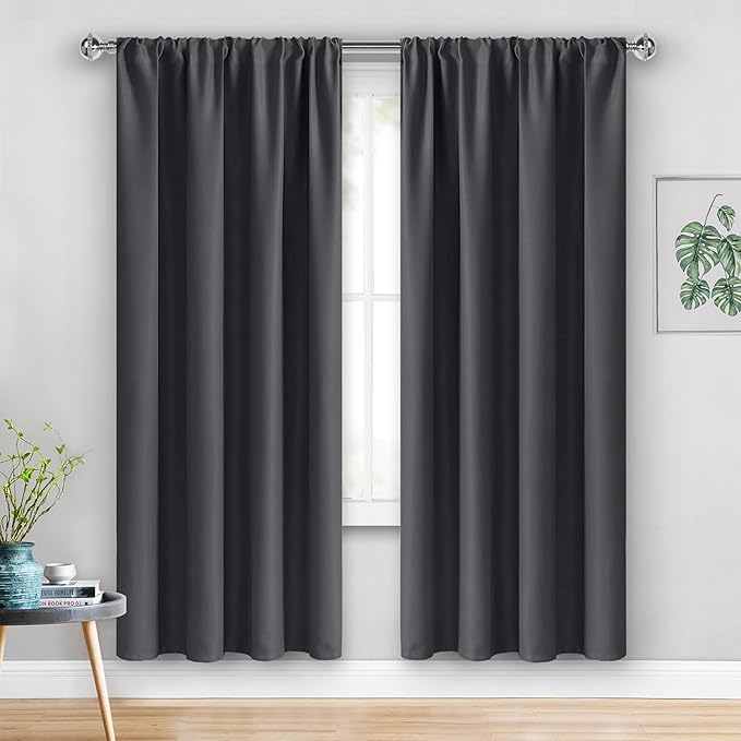 JIUZHEN Blackout Curtains for Bedroom - Thermal Insulated Room Darkening Rod Pocket Curtains for Living Room, Set of 2 Panels with Tiebacks, 52 x 72 Inch Length, Dark Grey