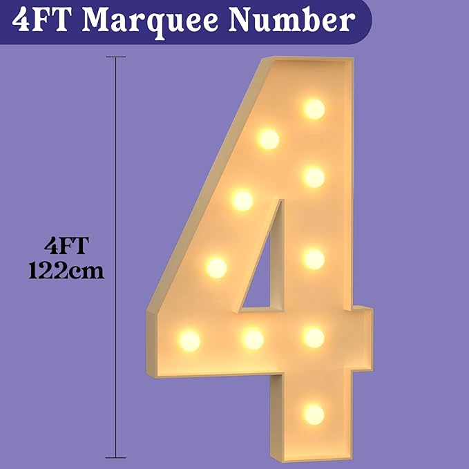 4FT Marquee Light Up Numbers, Large Marquee Numbers for 4th 14th 40th Birthday Decorations, Giant Light Up Numbers for Party Anniversary, Marquee Letters, Pre-Cut DIY Mosaic Numbers for Balloons 4