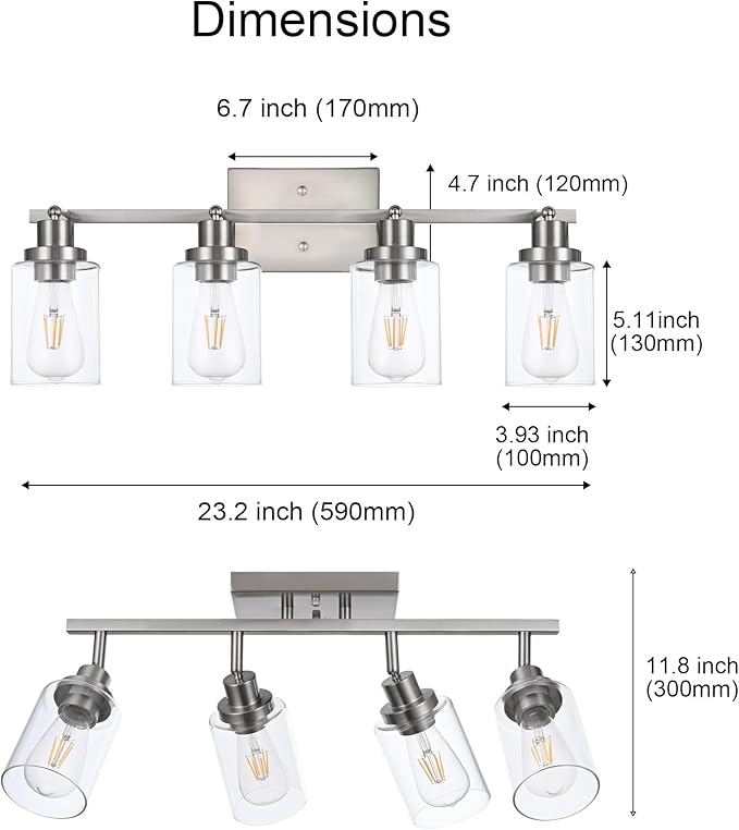4 Light Track Lighting Fixtures Ceiling Kitchen Track Lighting Kit Brushed Nickel Bathroom Tracking Vanity Lights with Clear Glass Shade, Rotatable Spotlight for Accent Task Wall Art Hallway