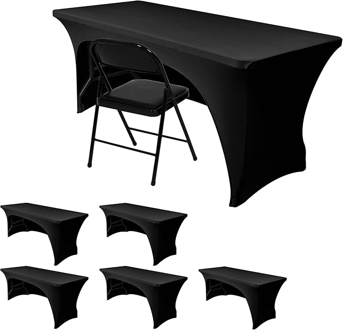 Nasitos 6 Pack Black Table Cloths - Rectangle, 8 ft, Spandex Stretch, Fitted, Washable, Wrinkle-Free, Trade Show & Party Tablecloths