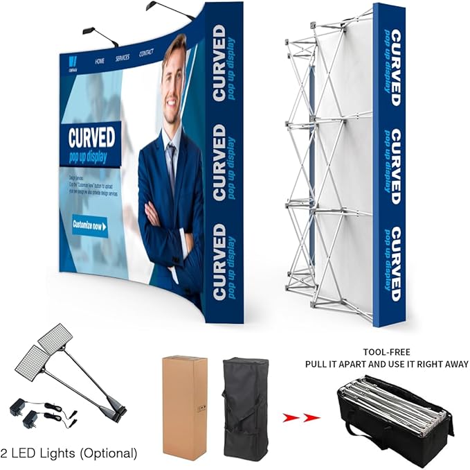Custom Curved Pop Up Displays Trade Show Backdrop 7.5x10 FT Tension Fabric HD Banner Printing Banner Pop-up Display Stand Trade Show Booth Display for Business Corporate Wedding Mall