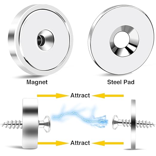 DIYMAG 4Pcs 110 lb 1.26 inch Neodymium Round Base Cup Magnet,Strong Rare Earth Magnets with Heavy Duty Countersunk Hole and Stainless Screws for Refrigerator Magnets Office Craft (Silver)
