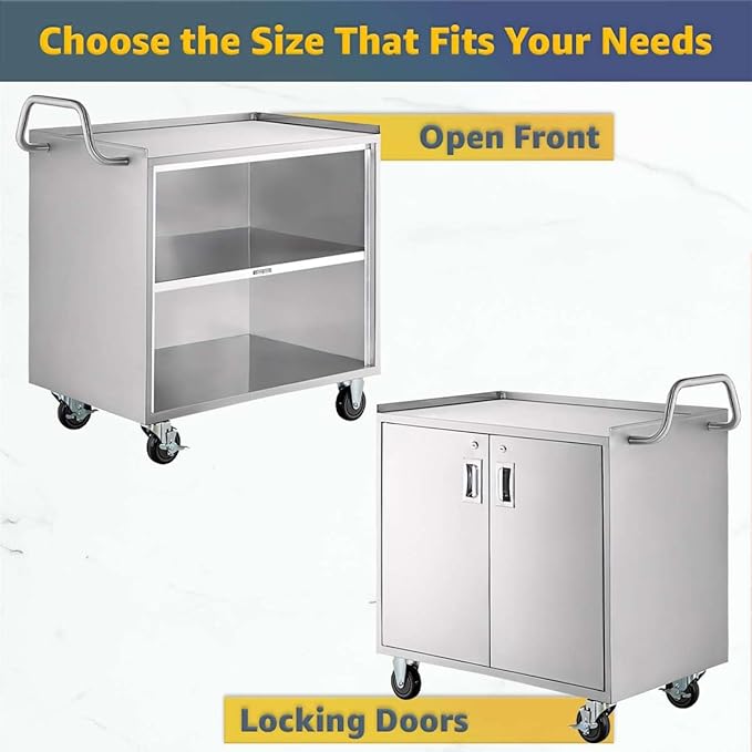 21" x 33" Stainless Steel Utility Cart with Enclosed Base and Open Front - 3 Shelf Heavy-Duty Commercial Service Cart - NSF Prep & Work Table for Kitchen, Catering, Restaurant