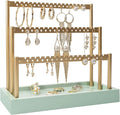 SANY DAYO HOME 3-Tier Earring Holder Organizer Stand, 105 Holes Gold Metal Earring Rack Jewelry Display Tree with Sage Green Wood Tray for Women and Girls