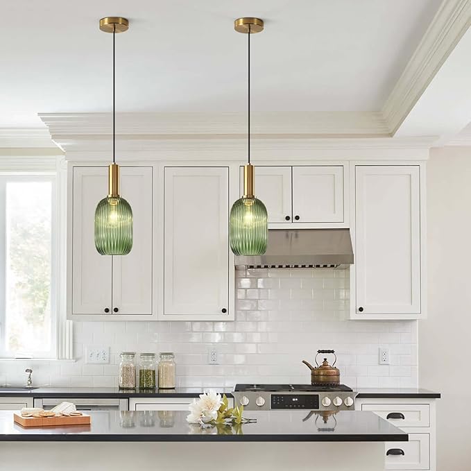 KCO Lighting Green Ribbed Glass Pendant Light Kitchen Island Small Antique Brass Ceiling Pendant Light Mid Century Modern Dining Room Hanging Light Fixture Gold Globe Pendant Lighting