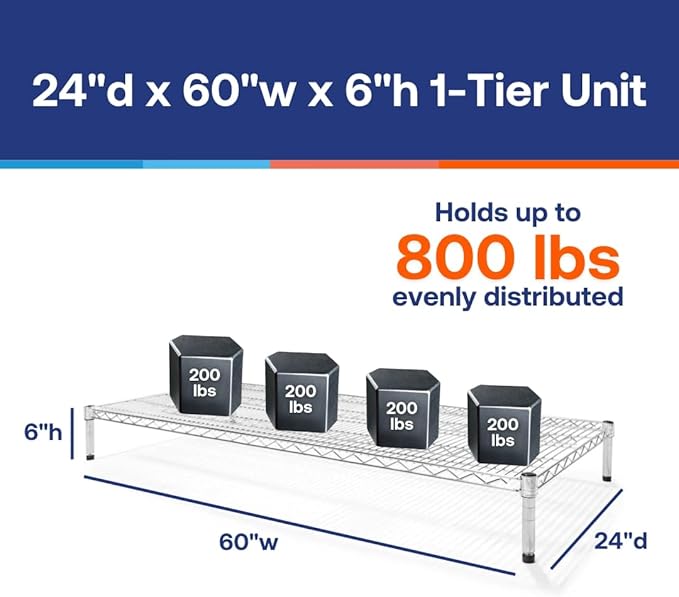 Shelving Inc. 24"d x 60"w Chrome Wire Shelving with 1 Tier Shelf, Weight Capacity 800lbs Per Shelf