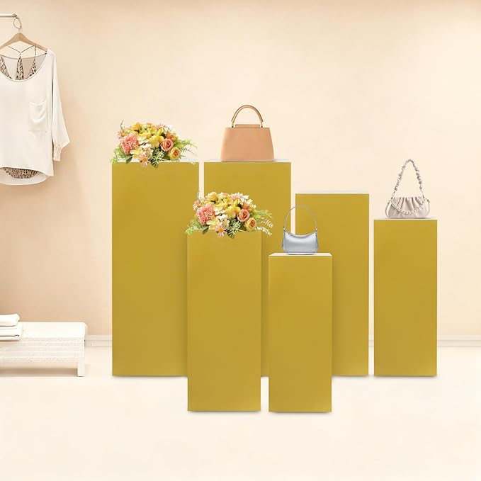OUKANING 6 PCS Metal Display Pedestal Stands, Gold Square Display Stands Pillars, Decoration Cube Sculpture Display Column for Wedding Party Baby Shower Birthday, H31.49'', 25.59'', 23.62''