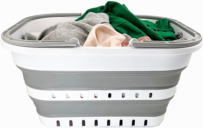 SAMMART Collpasible Shopping Basket 19L - Laundry Basket - Portable Outdoor Picnic Basket - Foldable Basket for Camping (White/Grey)