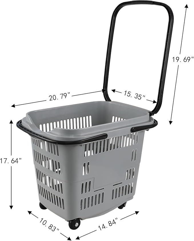 4-Pack Large Wheeled Shopping Basket with Carry Handle, 50 L Plastic Grocery Shopping Basket Gray
