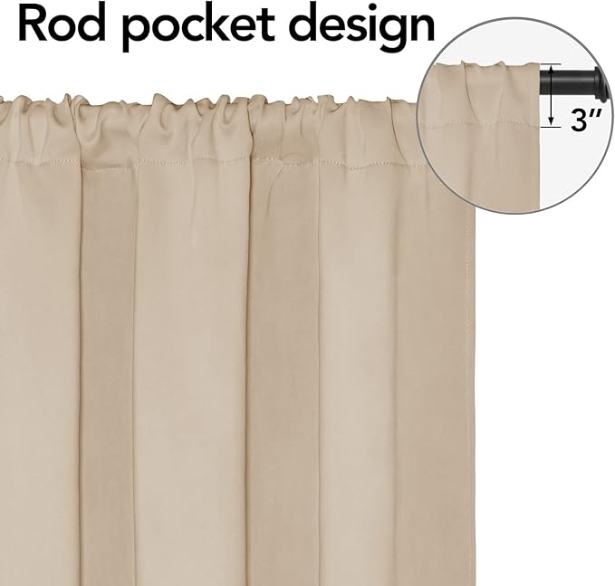 Easy-Going Rod Pocket Blackout Curtains for Bedroom, Room Darkening Window Curtains for Living Room, Thermal Insulated Noise Reduction Solid Window Drapes, 2 Panels(52x84 in, Beige)