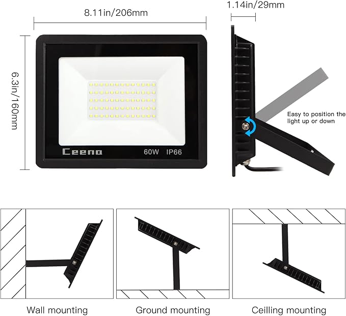 Ceena 2 Pack 60W Plug in LED Flood Light Outdoor, 6000lm Super Bright Floodlight with Switch and 5.9FT Wire, IP66 Waterproof 6000K LED Work Light for Garage, Yard, Patio, Front Door