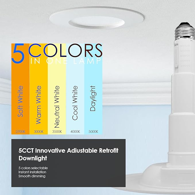 Jolux 4-Pack 5/6" 5CCT Retrofit LED Recessed Lighting,Selectable 2700K/3000K/3500K/4000K/5000K,12W=60W,800Lumen,Dimmable Can Lights,Adjustable Retrofit Downlight Installation,Bevel Trim