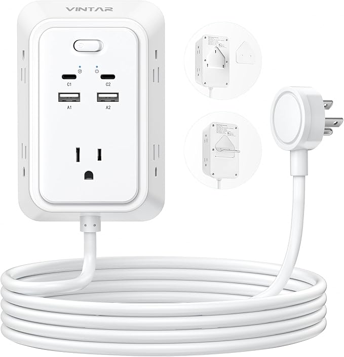 6ft Flat Plug Extension Cord, VINTAR Multi Outlet Extender with 5 Outlets and 4 USB Ports (2 USB-C), 3-Sided Wall Mount Charger, 1800J Surge Protector Power Strip for Home, Office, College Dorm