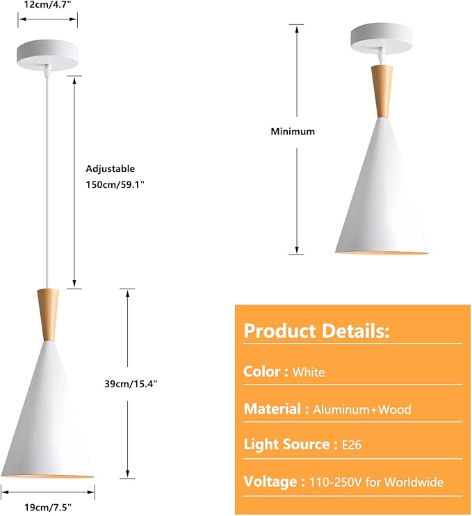 KCO Lighting Farmhouse Cone Pendant Light 3 Pack White Modern Barn Ceiling Pendant Lighting Fixture 1-Light Mini Vintage Pendant Lights Kitchen Island Dining Room Lighting