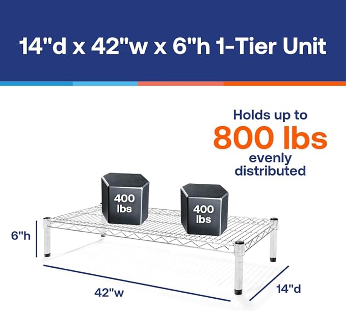 Shelving Inc. 14" d x 42" w Chrome Wire Shelving with 1 Tier Shelf, Weight Capacity 800lbs Per Shelf