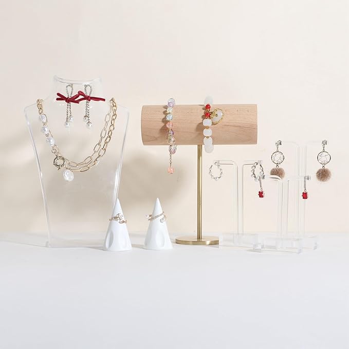 GemeShou White bracelet holder stand for selling, wood bracelet organizers and storage, retail bracelet hanger display for boutique Home Decor【Beech Brass Bracelet Holder-Low】