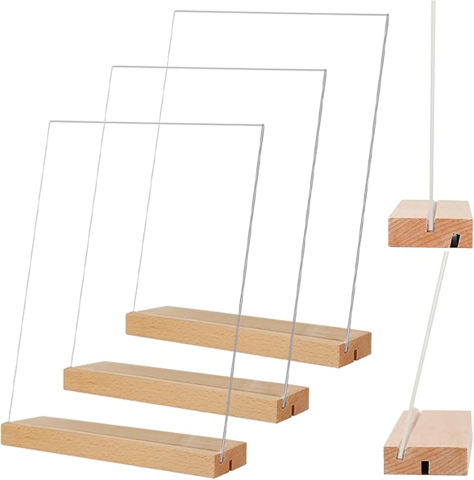 TONICE 5x7 Acrylic Sign Holder with Wood Base 3 Pack L/T Shape Vertical or Slant Back Display for Wedding, Restaurant, Store, Office, Hotel
