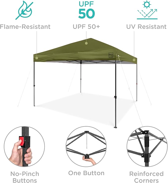 Best Choice Products 10x10ft 1-Person Setup Pop Up Canopy Tent Instant Portable Shelter w/ 1-Button Push, Case, 4 Weight Bags - Olive Green