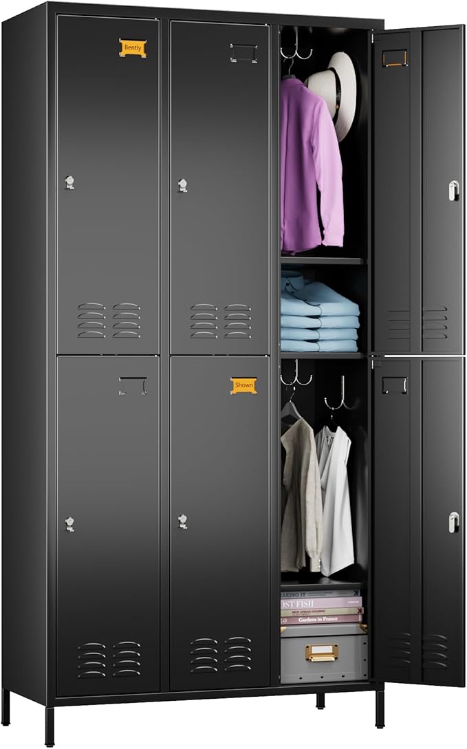 Aobabo Upgrade Metal Storage Locker for Employees, 6 Doors Steel Storage Locker with 18 Hooks for Office Gym School, Industrial Storage with 6 Shelves, Assembly Required, Black