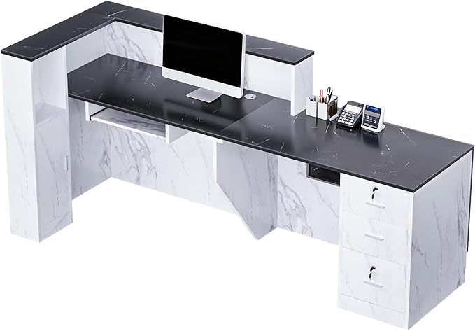 L-Shaped Modern Reception Desk with Counter & Storage - 71"/84" Large Office Front Desk, Salon Checkout Counter with Lockable Cabinets, Shelves & Drawers (Black & White, Left - 71''L x 34''W x 41''H)