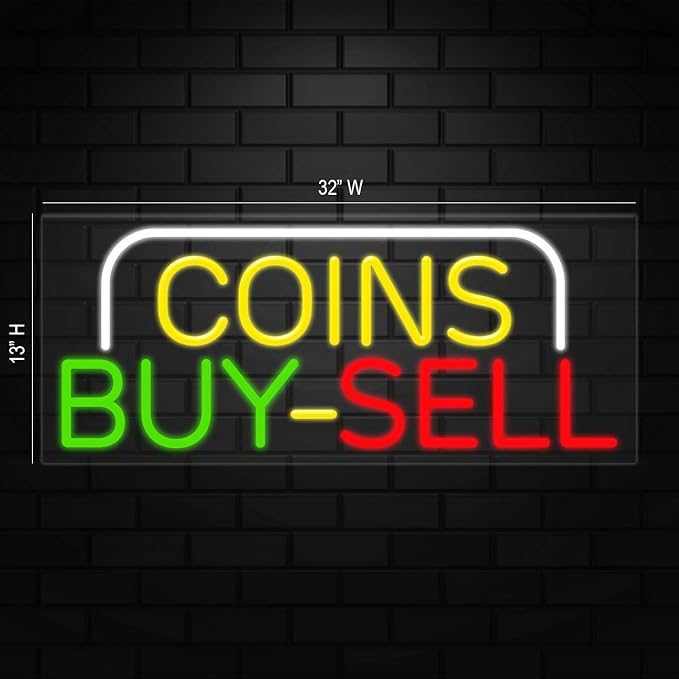Coins Buy-Sell Neon Sign for Retail Displays | Value priced LED Flex Neon | Electronic Light Up LED Sign for Windows/Walls | 32"W x 13"H x 1"D