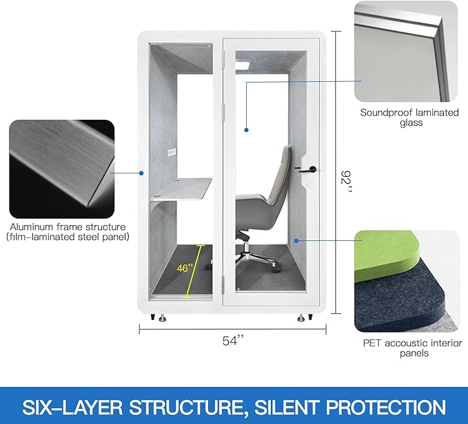 Soundproof Office Pod Booth, Quiet Meeting Pod with Acoustic Panels, Portable Modular Pod, Privacy Booth for Private Phone Calling, One to Two Person Workspace with Sound Isolation W55in D48in H92in