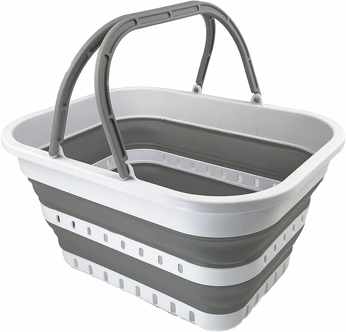 SAMMART Collpasible Shopping Basket 19L - Laundry Basket - Portable Outdoor Picnic Basket - Foldable Basket for Camping (White/Grey)