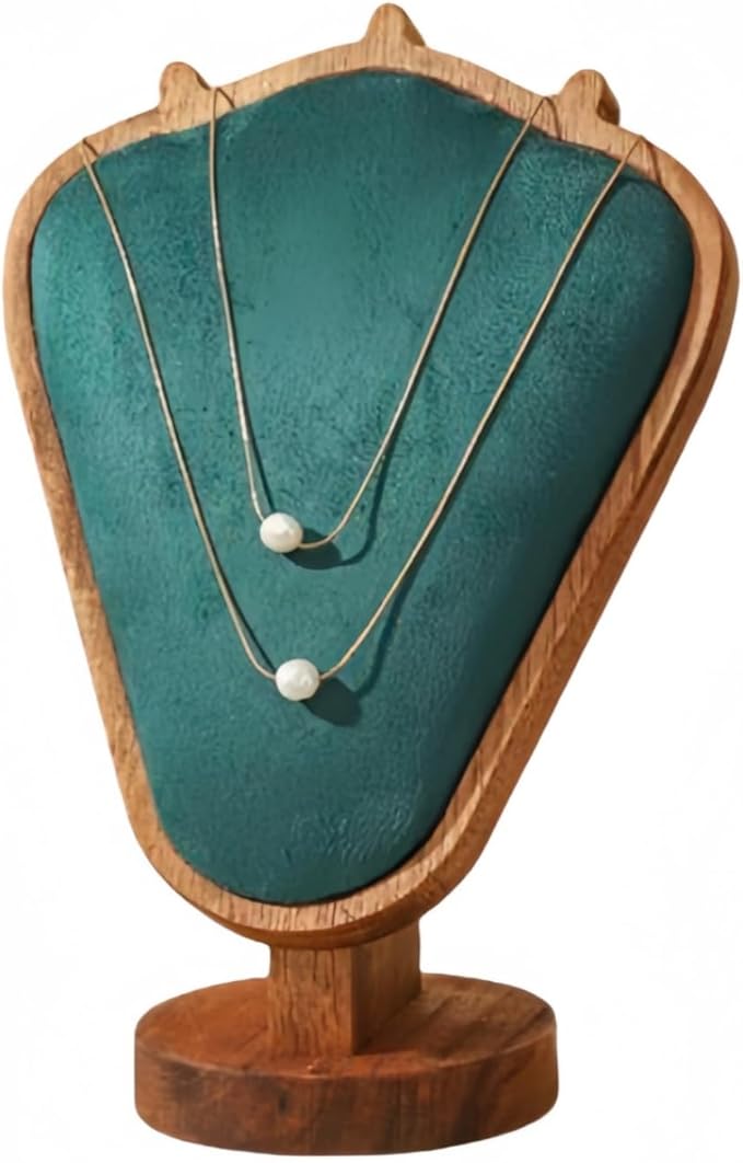 Walnut Color Body Wood Necklace Display Stand with Green Flannelette Soft Mat Necklace Holder Organizer Desktop Stand for Home Store Dresser-3.3"x5.8"x8.4"