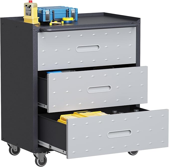 3 Drawers Metal Tool Storage Cabinet with Wheels, Rolling Tool Chest on Locking Wheels & Handle, Garage Cabinet, Heavy Duty Tool Cart, Mobile Steel Locker for Home,Workshop, Black & Grey