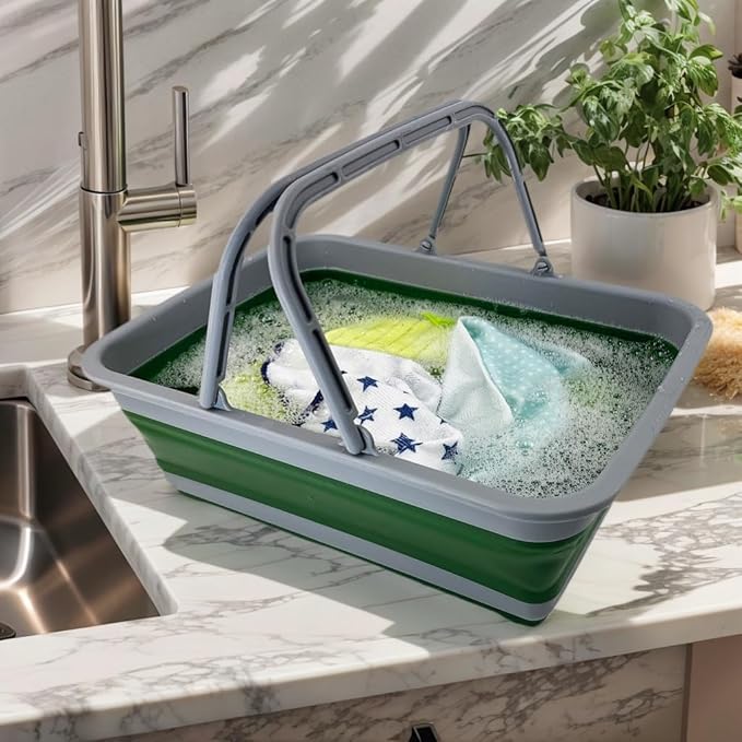 SAMMART Collapsible Basket with Handle 8L (2.1 Gallon) - Portable Outdoor Picnic Basket/Crate -Foldable Basin for Washing Dishes,Camping,Hiking (Grey/Shamrock)