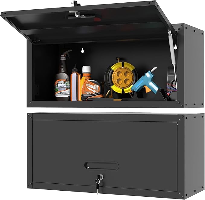 Metal Garage Wall Cabinet with Lock, Wall Mounted Metal Storage Cabinets with Flip-Up Doors, Lockable Floating Tool Storage for Garage Basement Utility Room