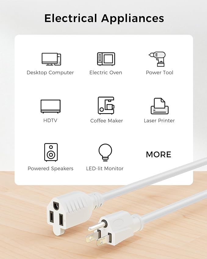 [UL Listed] Cable Matters 2-Pack 16 AWG Heavy Duty 13A Short Power Extension Cord - 1ft, 3 Prong Power Cord Extension, NEMA 5-15P to NEMA 5-15R, White