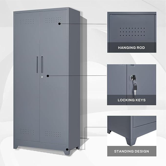 LUCYPAL Metal Storage Cabinet with Locking Doors,72.8" H Broom Closet Storage Cabinet with Shelves and Haging Rods,Garage Storage Cabinets for Kitchen,Utility Room,Grey