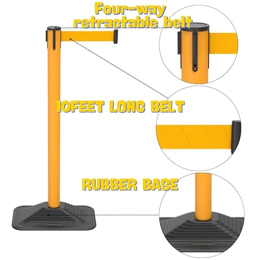 BESEA 4 Pack 36" Yellow Crowd Control Barriers with 10FT Retractable Belt, Heavy Duty Rectangle Base Stanchions for Queue Management, Event, Hotel, and Airport Use