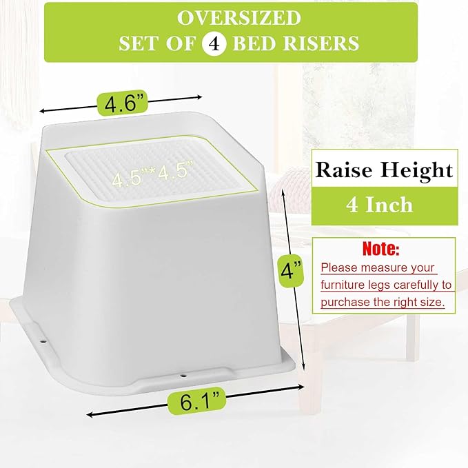 Bed Risers 1 inch, 2 inch, 3 inch, 4 inch, 6 inch, 8 inch Heavy Duty, Oversized Furniture Riser for Couch Sofa Table Chair Leg Frame Dorm, Support up to 6000 Lbs (White 6 Pack, 4 inch)